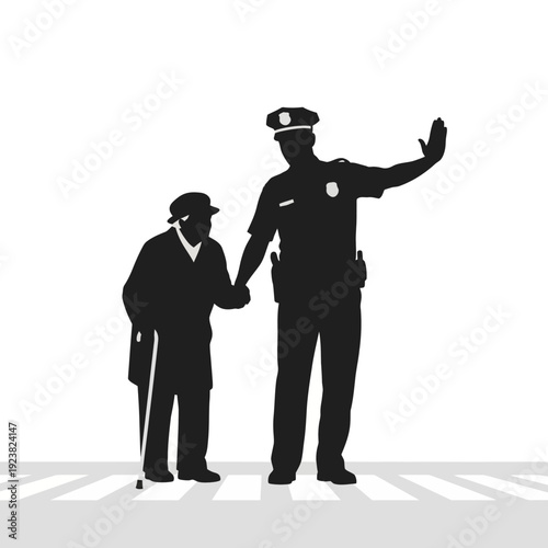 Police officer assisting elderly person across street
