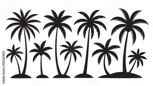 A diverse collection of black silhouette vector illustrations showing various palm trees situated on small islands, ideal for creating exotic tropical scenes and vacation themes.