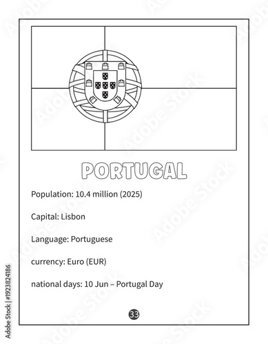 Portugal National Flag Coloring Page with Country Facts and Information