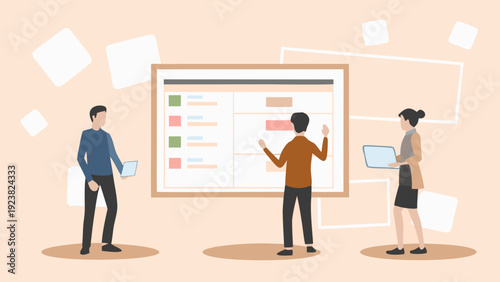 Flat vector illustration of three business professionals collaborating on a project management dashboard with a large screen display