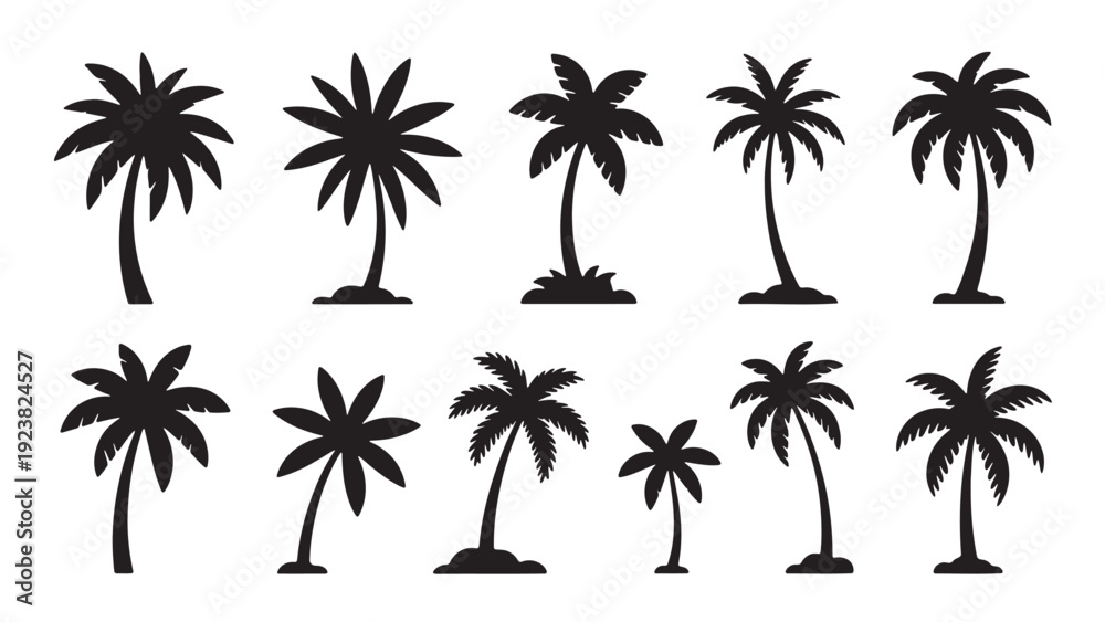 Fototapeta premium A variety of black silhouette vector illustrations featuring palm trees in different shapes and sizes, perfect for summer, travel, and tropical destination designs.