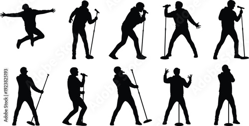 Singer silhouette collection, male vocalist performing with microphone isolated black vector illustration set concert music performance poses