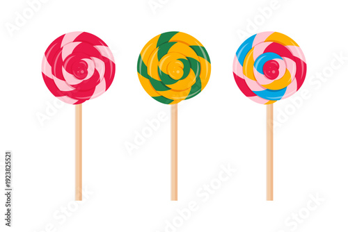 Twisted caramel lollipops vector set. Spiral colorful sugar candies on a stick.