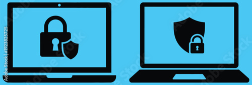 Laptop cybersecurity icon set with padlock and shield symbols for data protection. Network and web security, antivirus software, firewall, and digital safety concepts.