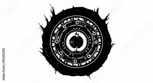 Mysterious dark circular symbol with intricate cosmic patterns and a central apple silhouette