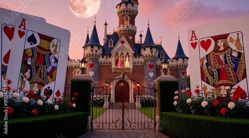 Giant playing cards stand before a fairy tale castle under a full moon at dusk.