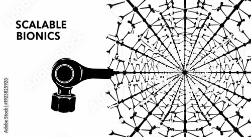 Abstract network of connections expanding outward from a mechanical joint, representing growth and scalability.