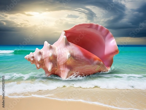 Large pink conch shell on sandy beach with turquoise sea waves and stormy sky
