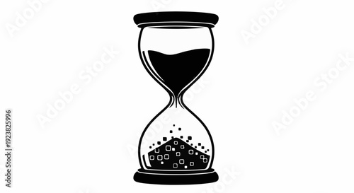 Classic hourglass with dark sand flowing down, symbolizing passing time and urgency.