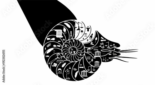 Conceptual illustration of legal and justice symbols within a nautilus shell's spiral growth.