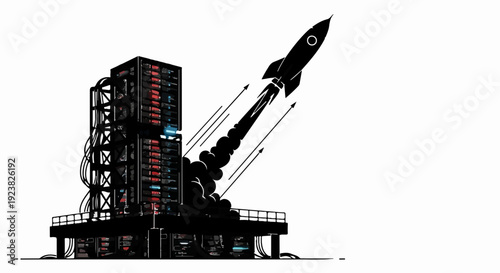 Futuristic rocket launching from a data server tower symbolizing innovation and growth in technology.