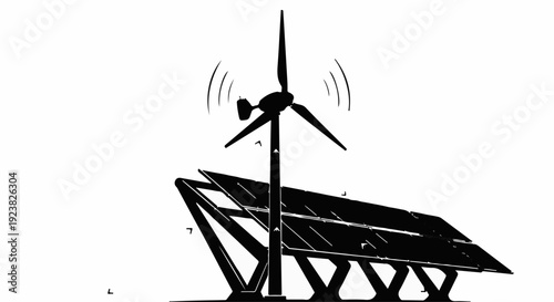 Clean energy source with wind turbine and solar panels in a simplified illustration.