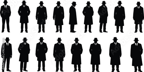 Detective silhouette collection, man in trench coat and hat isolated black vector illustration set vintage noir character poses