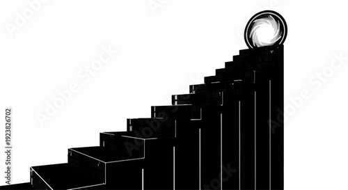 A conceptual illustration of a camera lens aperture at the top of ascending stairs, symbolizing progress or achievement.