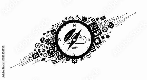 Digital compass guiding through a network of technology and data icons, symbolizing innovation and exploration.