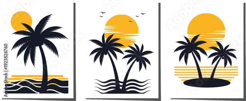 Three Tropical Sunset Posters – Palm Tree Silhouettes with Ocean & Sun Motifs for Travel, Resorts & Summer Branding