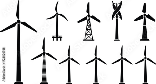 Set of wind turbine silhouettes, renewable energy icons, offshore and onshore wind farm symbols, sustainable green power technology,