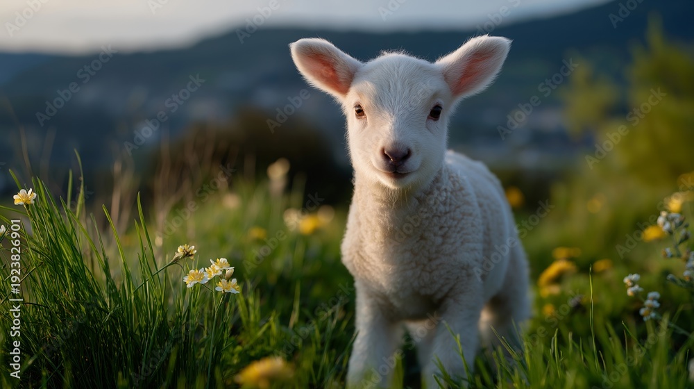 Obraz premium Lamb standing in a sunny spring meadow with wildflowers and green grass, perfect for Easter holiday symbol, seasonal nature, springtime celebration, traditional religious theme, farm animal, and