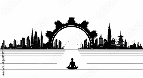 Silhouette of person meditating against a cityscape framed by a large gear, symbolizing balance between inner peace and urban progress.