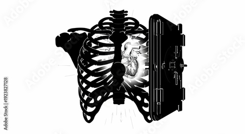 Open chest reveals glowing heart protected by a vault door, symbolizing security and vulnerability.