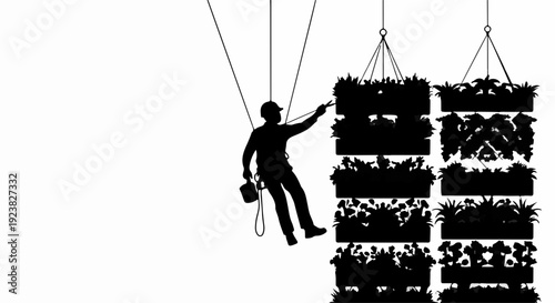 Gardener tending to lush green vertical garden installation suspended by ropes