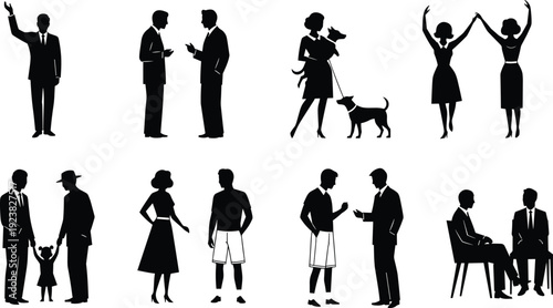 Business people silhouette collection, men and women standing talking walking with dog family scene vector illustration set isolated black icons