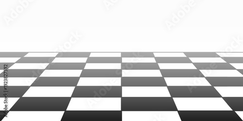 Faded chess board plane in perspective. Checkered tiled floor in angled point of view with vanishing effect. Black and white checkerboard texture. Chess game field. Vector graphic illustration