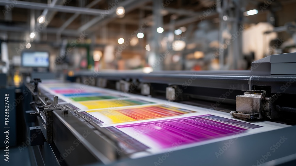 Obraz premium The vibrant colors of ink being applied to paper in a bustling printing press environment illustrate the dynamic nature of commercial printing, emphasizing the importance of quality and precision
