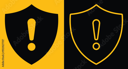 Security shield alert icons with exclamation mark in flat and line art styles. Cybersecurity notifications, antivirus software interfaces, firewall warnings, and digital protection concepts.