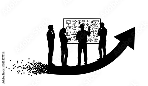 A black vector illustration featuring a silhouette of a business group and diverse people in a circle representing a professional London family symbol