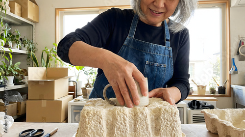 Diverse Small Business Owner Carefully Packing Product in Sustainable Plastic-Free Mushroom Packaging Featuring Organic Textures and Authentic Entrepreneur Vibe in Bright Studio