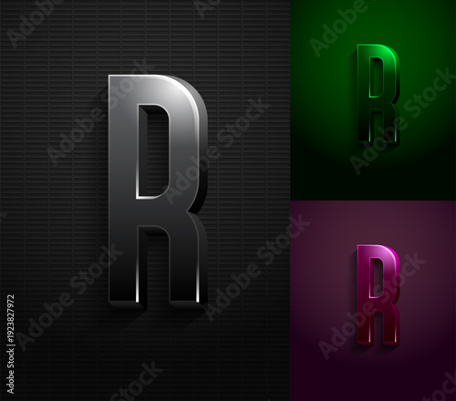 3d dark letter R, condensed gloomy alphabet, vector illustration 10eps.