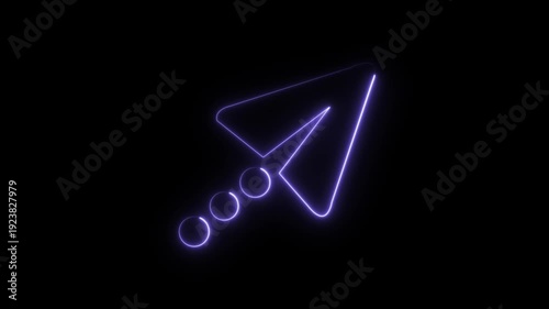 glowing neon cursor icon animation, blue color paper plane flying in and out of the frame. Neon glowing Paper airplane is flying. Business success concept. One line drawing. glowing neon
