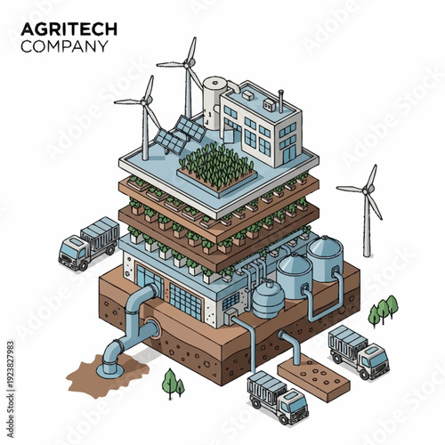 Isometric illustration of a sustainable agriculture facility with wind turbines and greenhouses.
