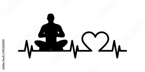 Yoga meditation heartbeat silhouette. Heart rate pulse icon symbol design. Minimalist zen concept. Isolated on white background.
