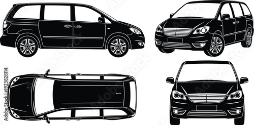 Minivan car vector silhouette set, front side top view family MPV automobile isolated illustration on white background