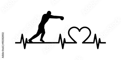 Boxer silhouette heartbeat. Icon symbol design. Martial arts and boxing lifestyle. Isolated on white background.