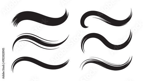 A collection of elegant black brush stroke elements, including swirls and swooshes, perfect for adding decorative flair to designs, typography, and branding.