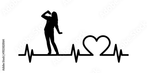 Female singer silhouette. Heartbeat ECG line with heart icon symbol design. Minimalist style. Isolated on white background.