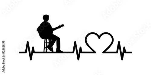 Guitarist heartbeat silhouette. Heart pulse icon symbol design. Musical passion concept. Isolated on white background.