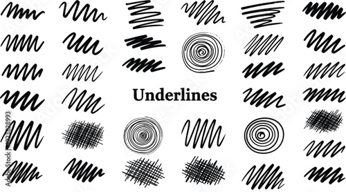Hand drawn black ink underlines collection featuring messy scribbles, swirls, crosshatch patterns, and marker strokes cad drawing flat vector illustration.