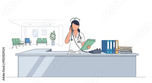 A nurse standing behind a reception desk in a clinic, talking on the phone and holding a clipboard, with a hospital waiting area in the background.