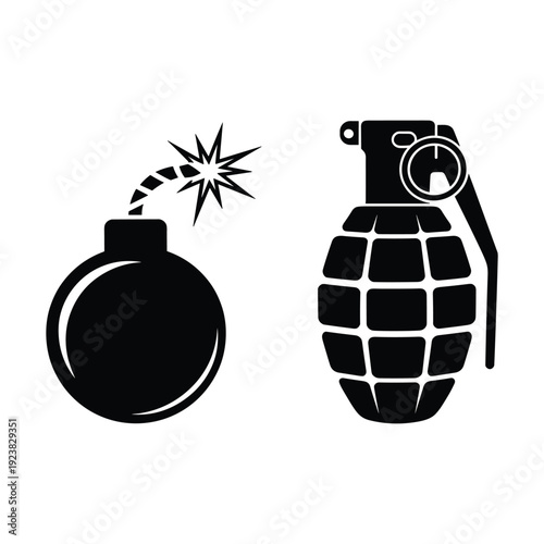 Black and white of a bomb and a grenade explosive danger safety vector illustration isolated on white background.