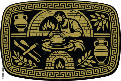 Greek Potter Ancient Craft Belt Buckle Vector Art