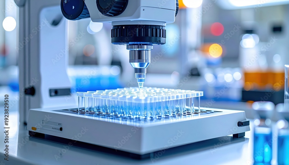 Fototapeta premium FlyPro Firefly Robotic Arm on Microplate Reader for Automated Sample Handling in a Clean Laboratory Setting