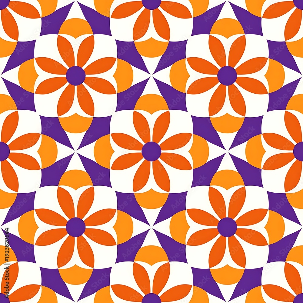 Fototapeta premium Seamless geometric pattern with stylized orange flowers and purple star shapes on an off-white background