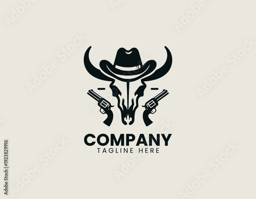 Western longhorn skull with cowboy hat and revolver elements in clean modern vector illustration