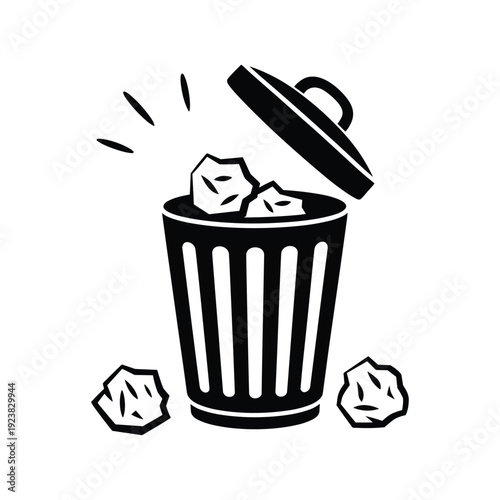Black and white of trash can with crumpled paper garbage can waste bin vector illustration isolated on white background.