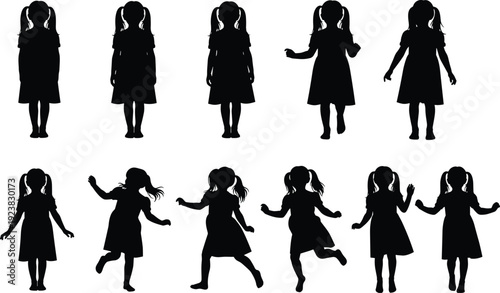 Diverse Collection of Young Little Girl Silhouettes Standing Walking and Dancing in Various Joyful Poses for Childhood Lifestyle Vector Design