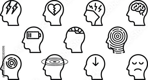 Mental health line icons set, psychological stress and depression head symbols, 11 human profile vector illustrations for therapy and wellness
